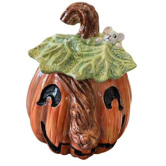 holidayHallowen Pumpkin Cookie jar  FITZ & Floyd Omnibus Vintage 1989. 2pc - Picture 1 of 3